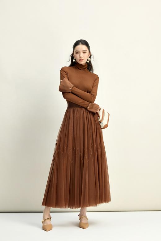 HJ3B50_漆黑/棠梨褐色_半身裙_秋冬_高级感垂感网纱高腰显瘦 A 字长裙_高级女装_BERNIEELEN 伯妮斯茵 商品图1