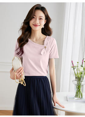 【专属特价】熙世界设计感斜V领T恤衫女短袖2025夏季新款百搭纯色透气凉感上衣