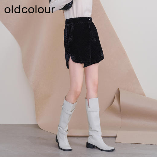 oldcolour冬季新款黑色菱格丝绒高腰休闲宽松A字短裤女P440702A1 商品图1