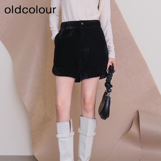 oldcolour冬季新款黑色菱格丝绒高腰休闲宽松A字短裤女P440702A1 商品图3