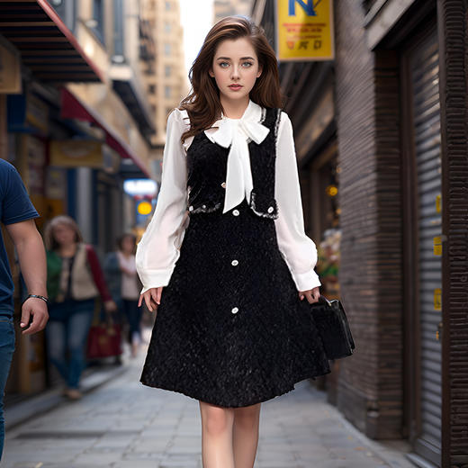 8/21奢姿2024年秋季新款大码女装蝴蝶结衬衫裙子胖妹妹法式撞色连衣裙9943826853 商品图0