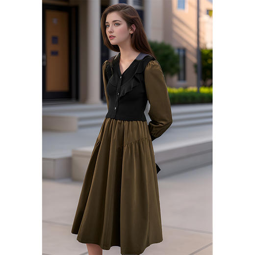 8/22奢姿大码女装2024秋季气质V领裙子胖妹妹时尚荷叶边拼接连衣裙9943855149 商品图3