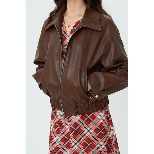 （小眠专属）HeyDress翻领刺绣皮衣外套女秋季宽松复古红棕色pu皮夹克短款上衣 商品图2