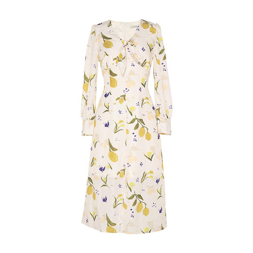 Heydress柠檬印花连衣裙女秋季法式v领收腰显瘦清爽优雅长袖裙子 商品图4