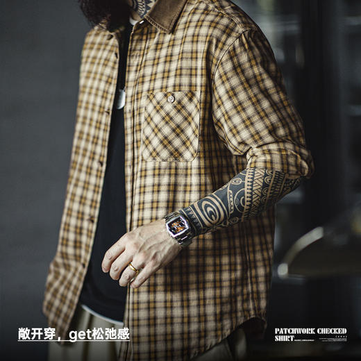 工装优选美式复古苏格兰格纹长袖衬衫灯芯绒拼接翻领格子衬衣男秋 商品图3