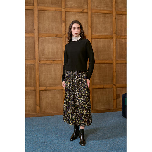 HeyDress法式复古碎花半身裙女秋季高腰显瘦a字黑色黄花百褶裙子 商品图1