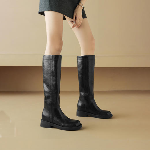 阿么手工女鞋2025新款显瘦褶皱复古牛皮长筒靴小个子5CM骑士靴女 商品图2