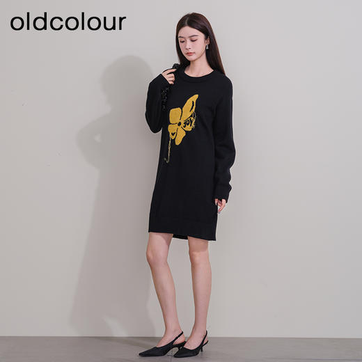 oldcolour冬季新款黑色法式高级气质宽松显瘦针织连衣裙P441004A1 商品图3