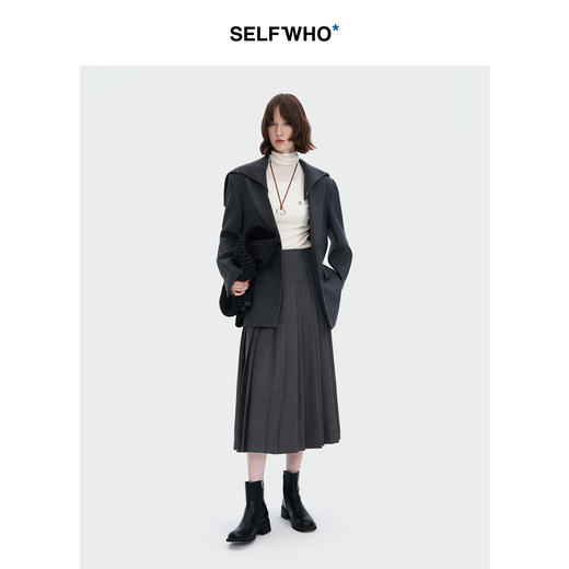 SELFWHO经典不对称百褶裙女2024秋季新款高腰气质设计感a字半身裙 商品图0