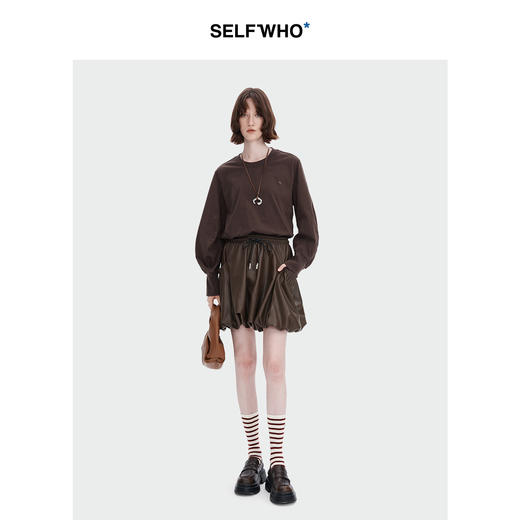 SELFWHO美式复古pu皮短裙女2024秋新款高腰包臀a字抽绳花苞半身裙 商品图0