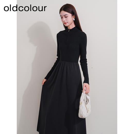 oldcolour冬季新款黑色拼接修身高腰A字长款针织连衣裙P421001A1 商品图3