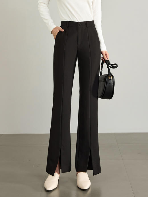 【1件7折】熙世界黑色开叉休闲喇叭裤女春秋新款高腰显瘦垂坠感西装微喇裤子 商品图0