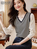 【129选3件，不退换】熙世界假两件长袖拼接华夫格条纹T恤衫女设计感上衣2025秋新款 商品缩略图0