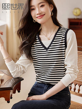 【129选3件，不退换】熙世界假两件长袖拼接华夫格条纹T恤衫女设计感上衣2025秋新款