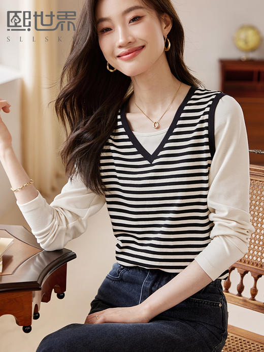 【129选3件，不退换】熙世界假两件长袖拼接华夫格条纹T恤衫女设计感上衣2025秋新款 商品图0