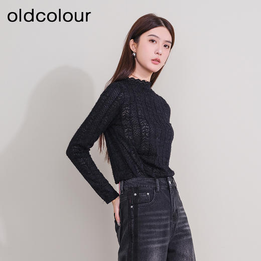 oldcolour欧珂新品时尚立领镂空纯色长袖T恤女P430202A1 商品图1