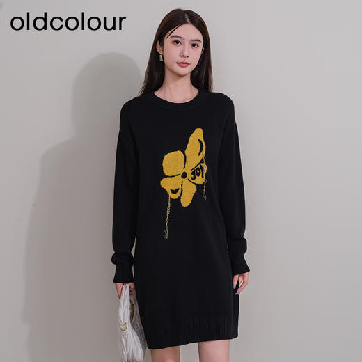 oldcolour冬季新款黑色法式高级气质宽松显瘦针织连衣裙P441004A1 商品图2