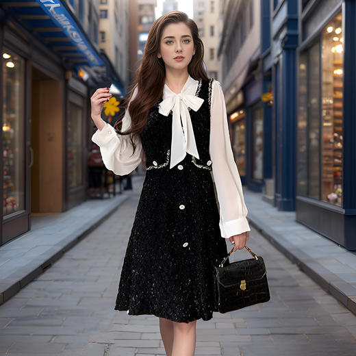 8/21奢姿2024年秋季新款大码女装蝴蝶结衬衫裙子胖妹妹法式撞色连衣裙9943826853 商品图3