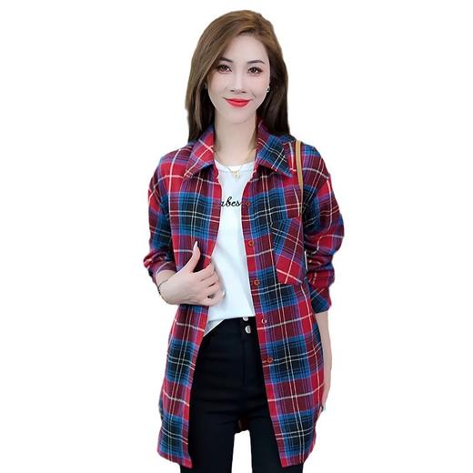 TZF-中长款格子衬衫女装慵懒风春秋季新款宽松韩版百搭上衣服外套 商品图4