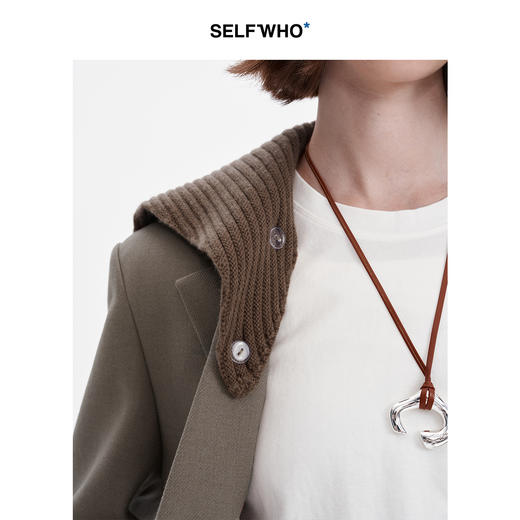 SELFWHO羊毛混纺橄榄棕西装外套女2024秋新款休闲通勤海军领西服 商品图3