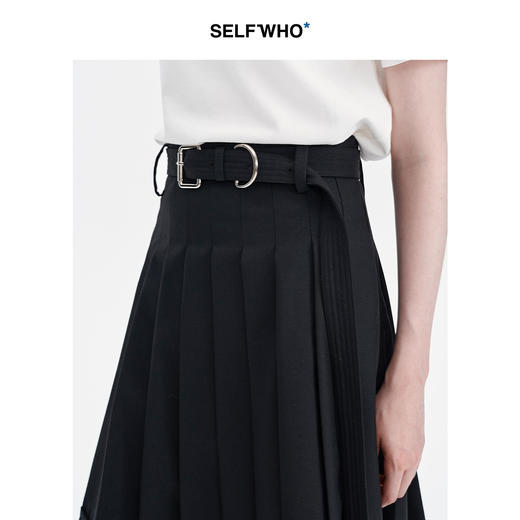SELFWHO羊毛混纺黑色a字百褶半身裙女2024秋季新款小个子高腰半裙 商品图3