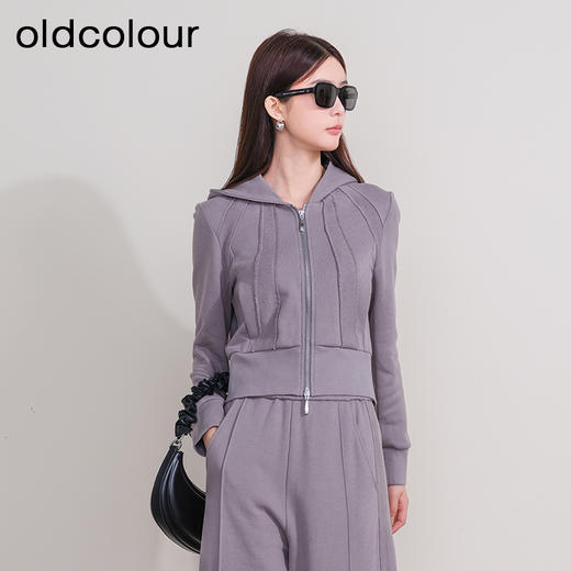 oldcolour冬季新款灰色简约休闲修身连帽短款卫衣外套女P410202A1 商品图0