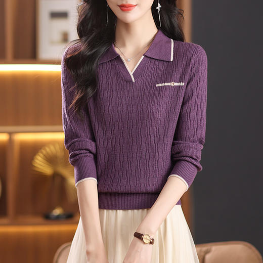 CC-QQH-9138翻领长袖针织小衫女2024早秋新款上衣洋气女士宽松毛衣打底衫春秋 商品图0