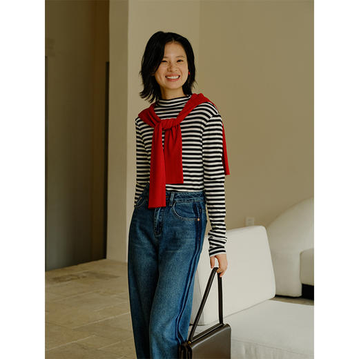 Heydress黑白条纹针织衫女秋季高领打底衫复古修身显瘦百搭上衣 商品图3