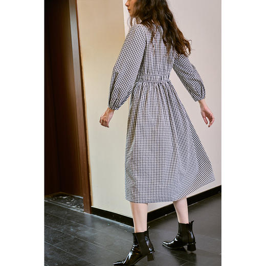 HeyDress复古黑白格连衣裙女秋季抽褶收腰设计法式浪漫长袖裙子 商品图2