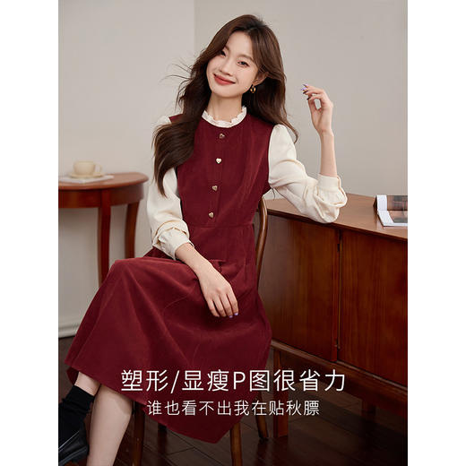 【专属特价】熙世界法式赫本小香风连衣裙秋季新款复古感长袖拼接假两件裙子 商品图2