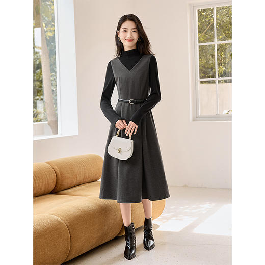 【1件65折】熙世界气质无袖毛呢背心连衣裙秋装新款高级感灰色V领收腰裙子 商品图1