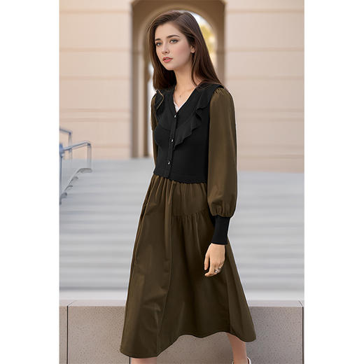 8/22奢姿大码女装2024秋季气质V领裙子胖妹妹时尚荷叶边拼接连衣裙9943855149 商品图0