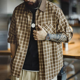 工装优选美式复古苏格兰格纹长袖衬衫灯芯绒拼接翻领格子衬衣男秋