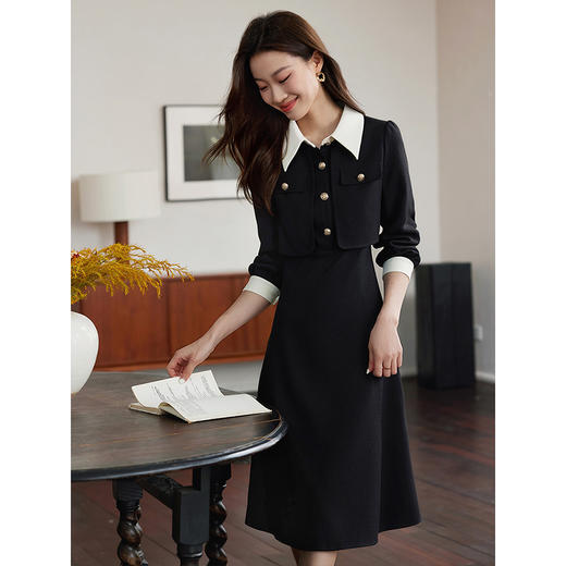 【五折购】熙世界赫本小香风红色连衣裙女2025秋季新款气质衬衫领假两件裙子 商品图0