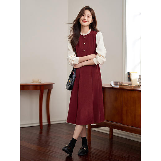 【专属特价】熙世界法式赫本小香风连衣裙秋季新款复古感长袖拼接假两件裙子 商品图4