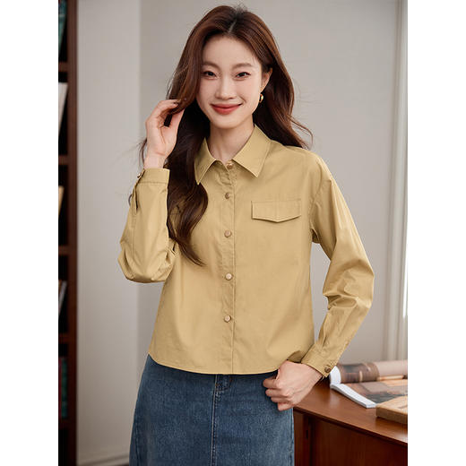 【年终特卖】熙世界卡其色天丝衬衫长袖小个子法式衬衣短款上衣2025秋季新款 商品图1