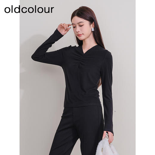 oldcolour冬季新款纯色V领宽松百搭长袖T恤打底内搭女P420201A1 商品图1