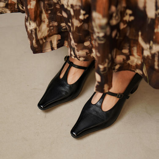 【阿么古纹马皮鞋】时尚高级感丁字扣高跟鞋4.5CM通勤职业百搭单鞋 商品图3