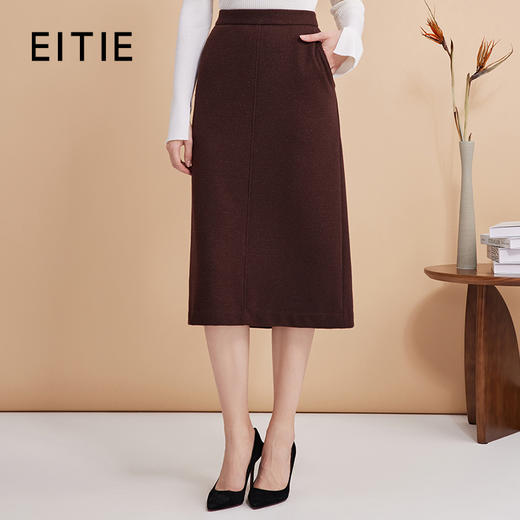 EITIE爱特爱气质优雅高级咖色高腰包臀过膝a字半身裙秋季新款D2406401 商品图0