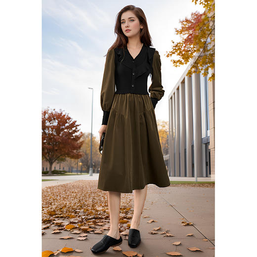 8/22奢姿大码女装2024秋季气质V领裙子胖妹妹时尚荷叶边拼接连衣裙9943855149 商品图1