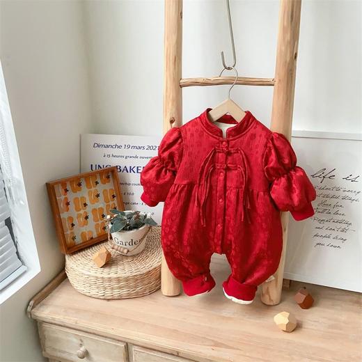 【中国风提花盘扣泡泡袖哈衣】满月婴儿衣服秋冬女宝宝加绒加厚连体衣 商品图1