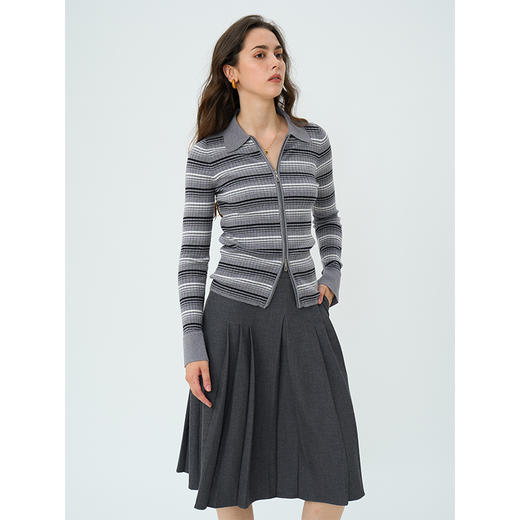 HeyDress条纹翻领针织衫女秋季修身显瘦法式双拉链polo领开衫上衣 商品图3