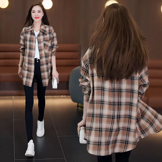 TZF-中长款格子衬衫女装慵懒风春秋季新款宽松韩版百搭上衣服外套 商品图1