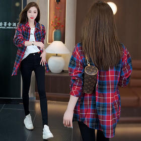 TZF-中长款格子衬衫女装慵懒风春秋季新款宽松韩版百搭上衣服外套