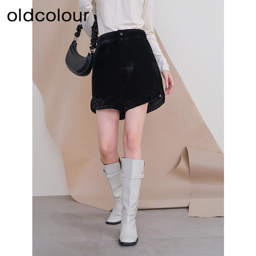 oldcolour冬季新款黑色菱格丝绒高腰休闲宽松A字短裤女P440702A1 商品图0