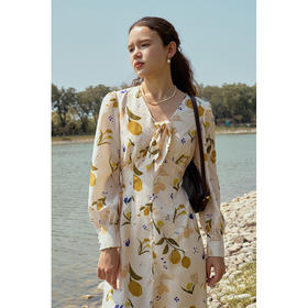 Heydress柠檬印花连衣裙女秋季法式v领收腰显瘦清爽优雅长袖裙子