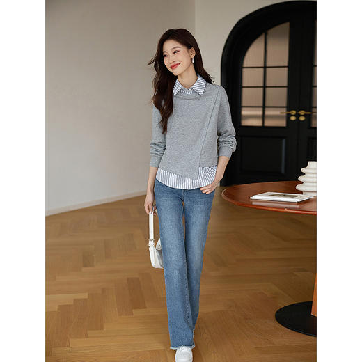 【129选3件，不退换】熙世界时尚条纹拼接假两件卫衣女2025秋季新款休闲别致衬衫领上衣 商品图3