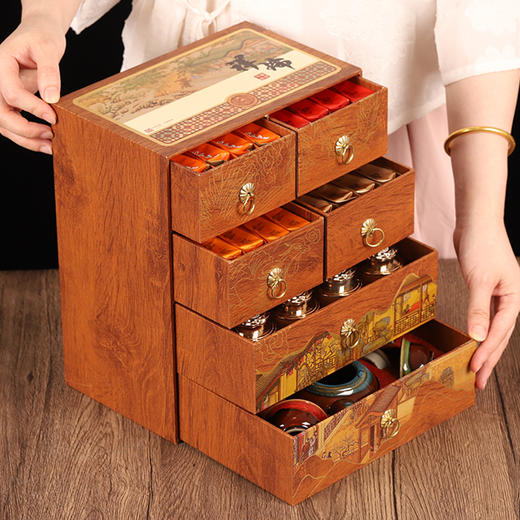 【严选推荐！六层茶礼木纹礼盒】金骏眉＋大红袍＋肉桂＋正山小种＋普洱熟茶＋凤凰单从茶叶小罐红茶节日送礼物优选 商品图1