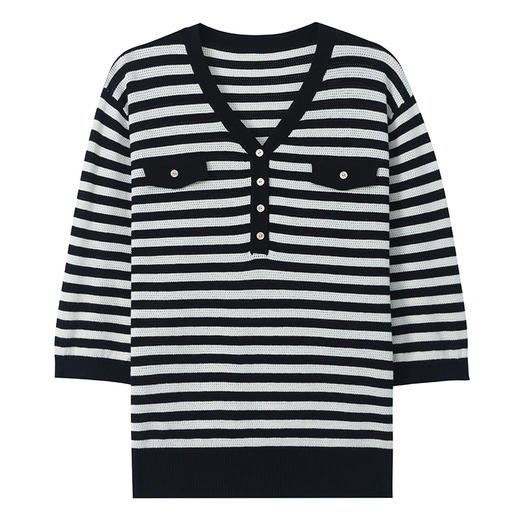 CC-5-6005七分袖条纹针织衫女夏新款2024早秋新款宽松V领中袖洋气减龄上衣 商品图4