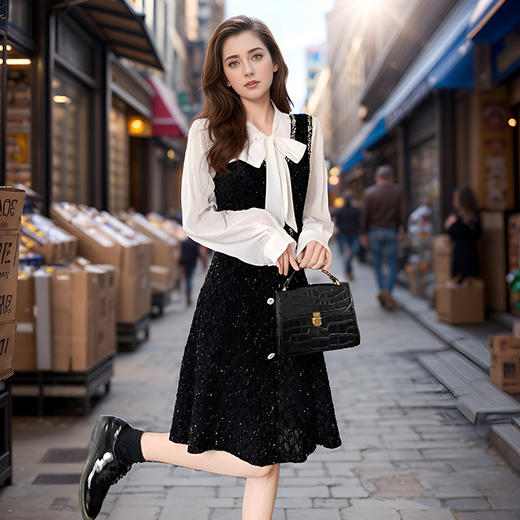 8/21奢姿2024年秋季新款大码女装蝴蝶结衬衫裙子胖妹妹法式撞色连衣裙9943826853 商品图1